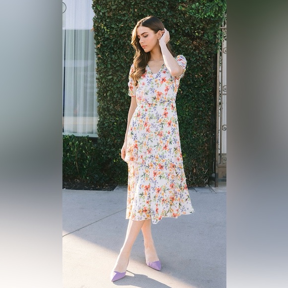FLORAL PRINT DIALOG RUFFLES CHIFFON MIDI DRESS - Picture 4 of 7